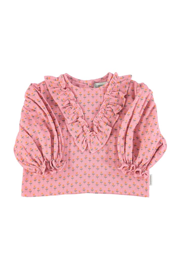 Piupiuchick Blouse with v-neck ruffles on chest Pink with little flowers_1