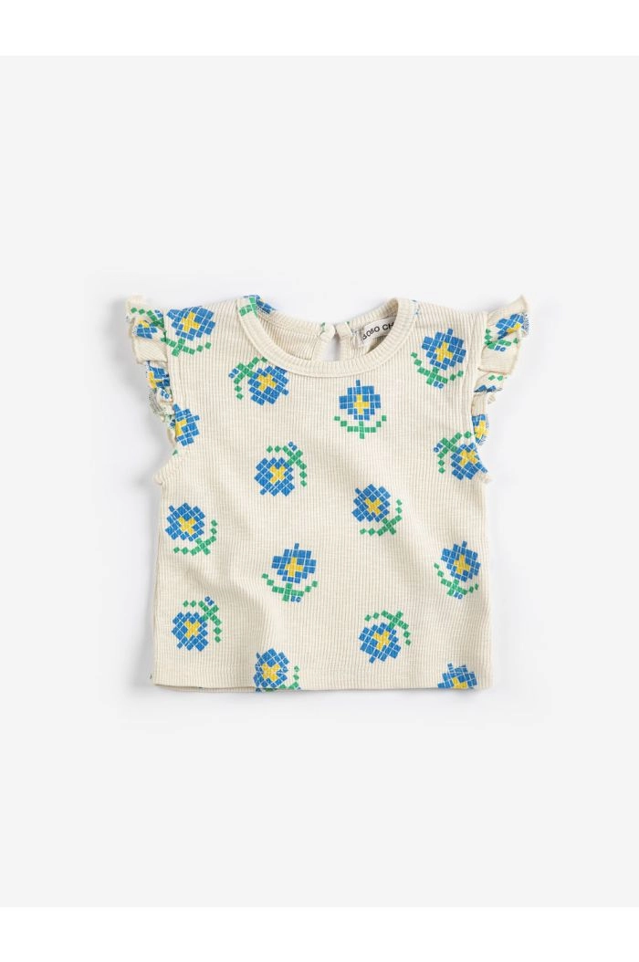 Bobo Choses Pixel Flowers all over ruffled top White_1